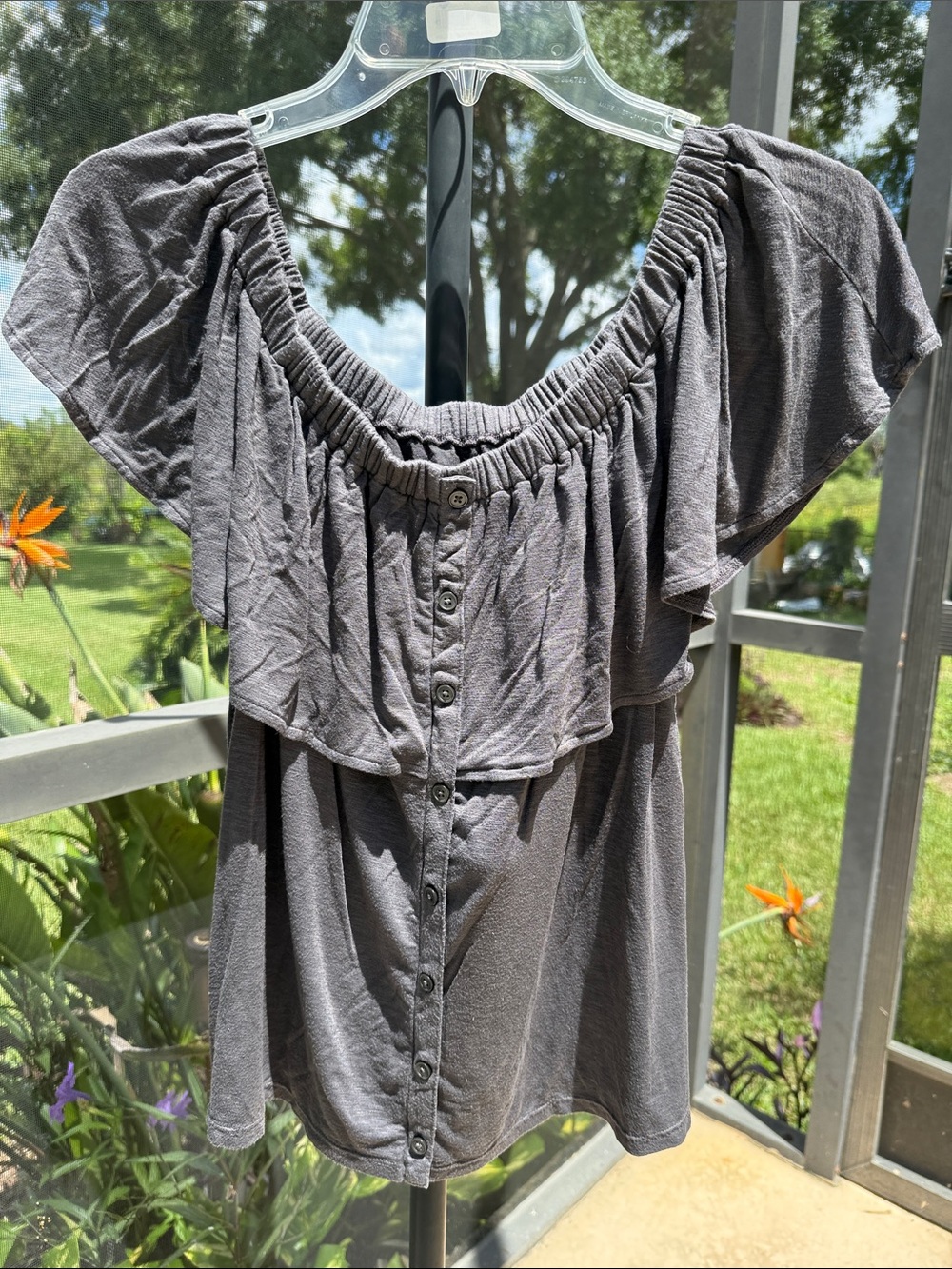 Off-Shoulder Ruffle Button-Front Blouse in Gray